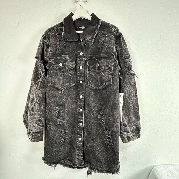 Thrill Jeans Women’s Large Distressed Tunic Faded Black Denim Jacket Pockets New - Picture 1 of 10